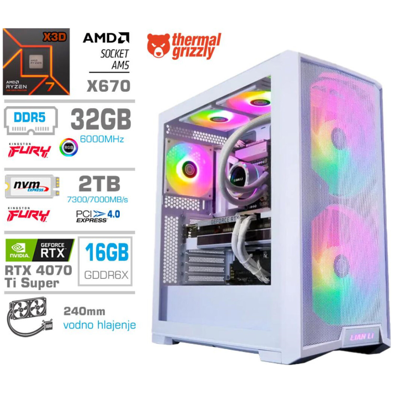 Računalnik MEGA TWR S10 R7-7800X3D/RTX4070Ti Super/32GB-DDR5/2TB-4.0/1000W/Brez OS/bela RGB