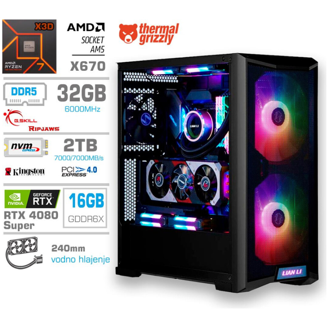 Računalnik MEGA TWR S10 R7-7800X3D/RTX4080 Super/32GB-DDR5/2TB-4.0/1000W/Brez OS/črna RGB