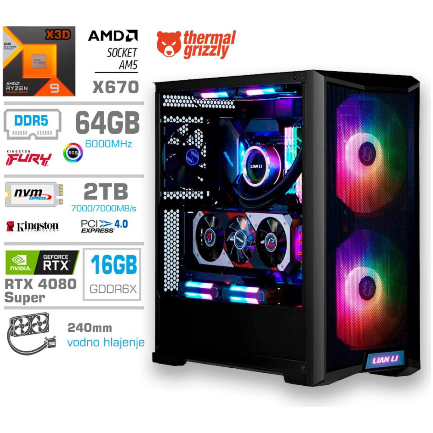 Računalnik MEGA TWR S10 R9-7900X3D/RTX4080 Super/64GB-DDR5/2TB-4.0/1000W/Brez OS/črna RGB