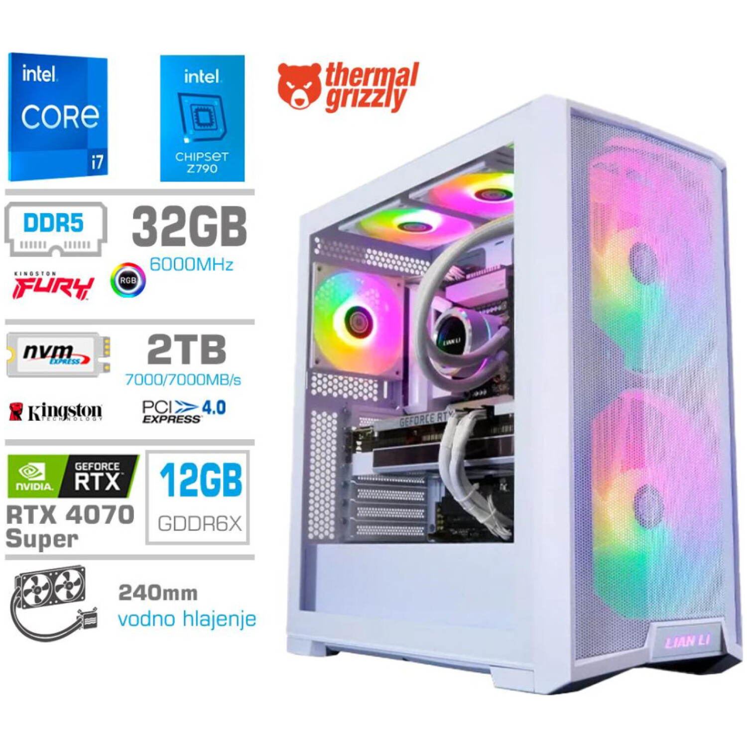 Računalnik MEGA TWR S10 i7-14700F/RTX4070 Super/32GB-DDR5/2TB-4.0/1000W/Brez OS/bela RGB