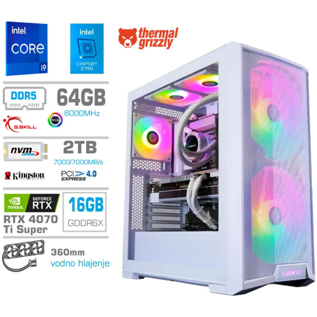 Računalnik MEGA TWR S10 i9-14900KF/RTX4070Ti Super/64GB-DDR5/2TB-4.0/1000W/Brez OS/bela RGB