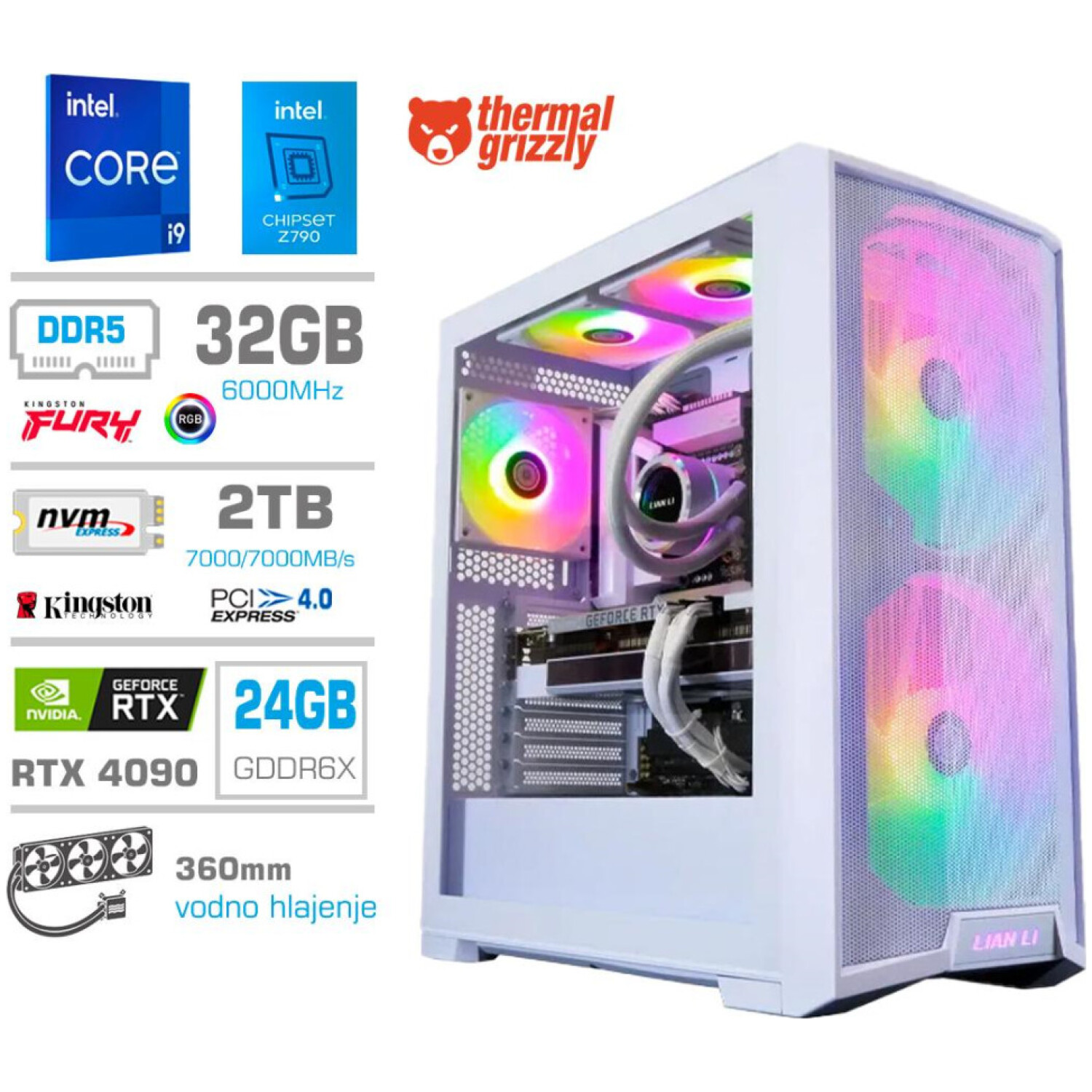 Računalnik MEGA TWR S10 i9-14900K/RTX4090/32GB-DDR5/2TB-4.0/1000W/Brez OS/bela RGB