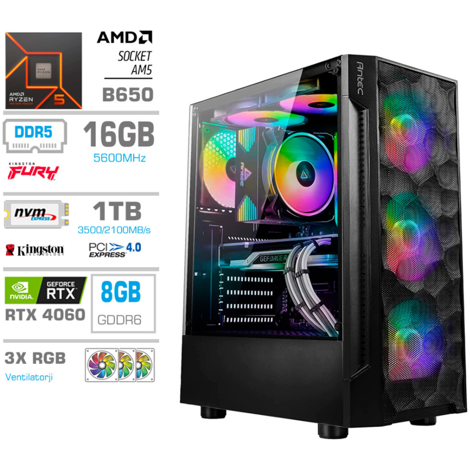 Računalnik MEGA TWR S7 R5-7600/RTX4060-8GB/16GB-DDR5/1TB-4.0/750W/Brez OS RGB