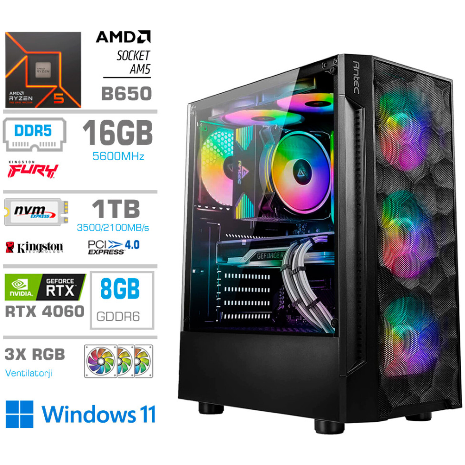 Računalnik MEGA TWR S7 R5-8500G/RTX4060-8GB/16GB-DDR5/1TB-4.0/750W/Win11Home RGB