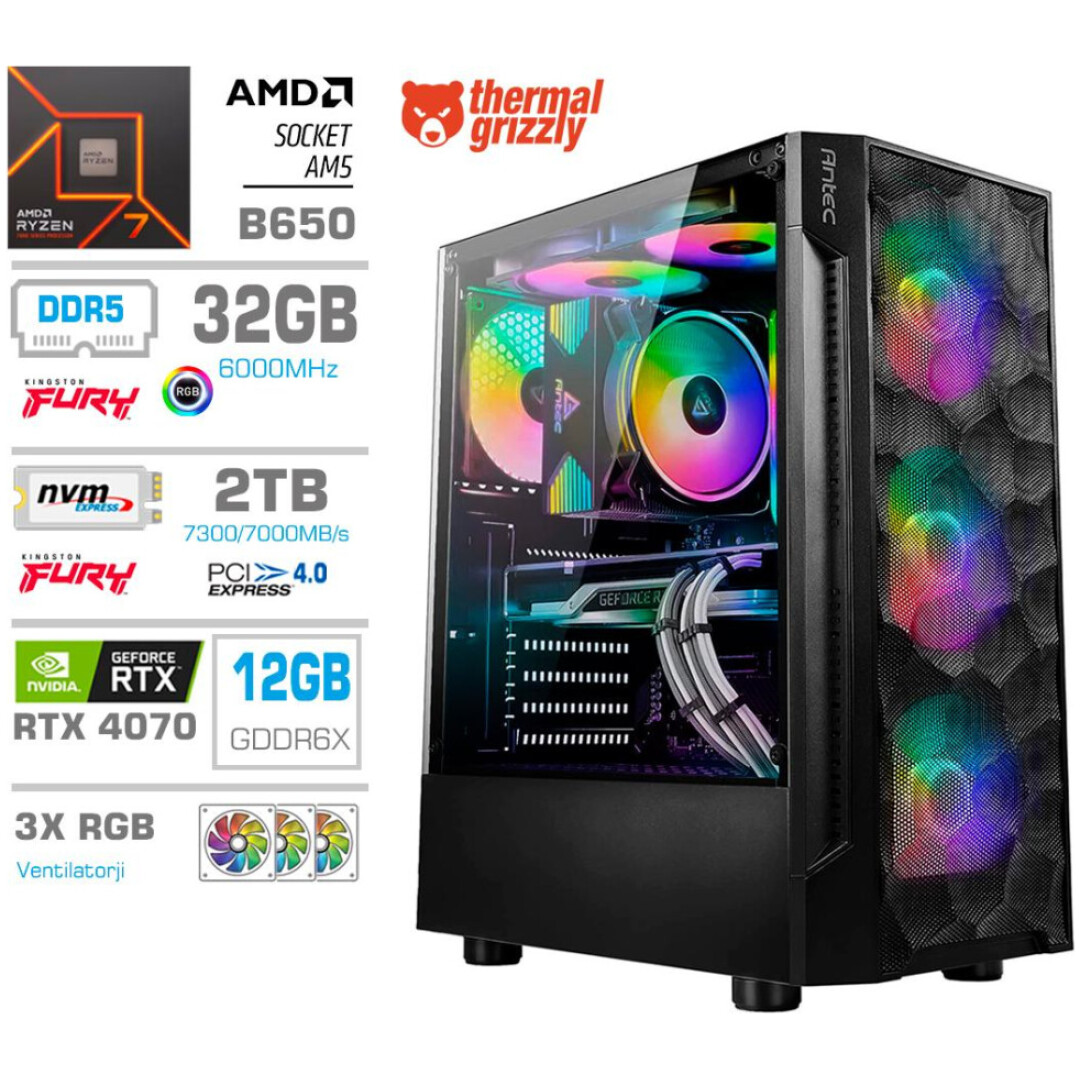 Računalnik MEGA TWR S7 R7-7700/RTX4070/32GB-DDR5/2TB-4.0/750W/Brez OS RGB