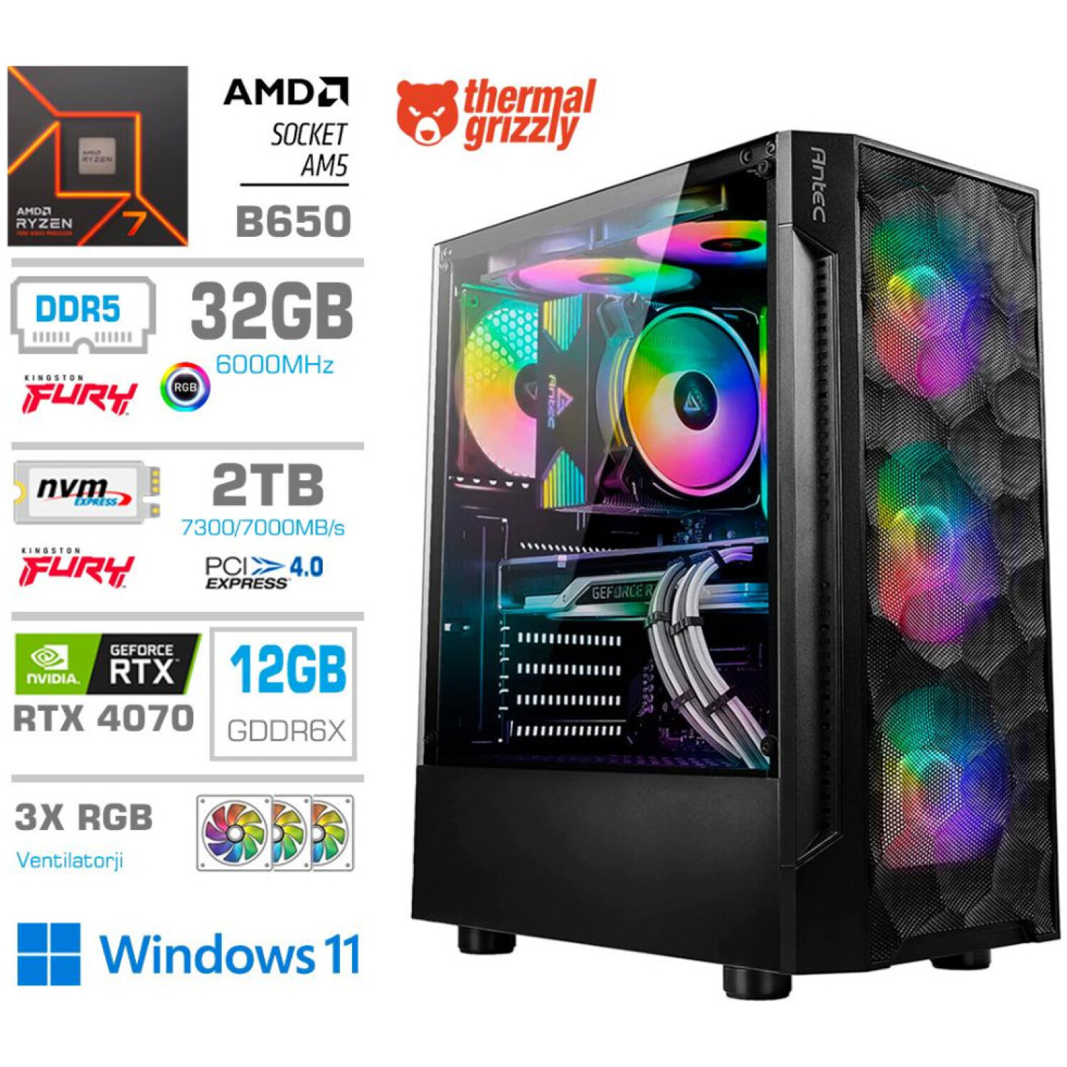 Računalnik MEGA TWR S7 R7-7700/RTX4070/32GB-DDR5/2TB-4.0/750W/Win11Home RGB