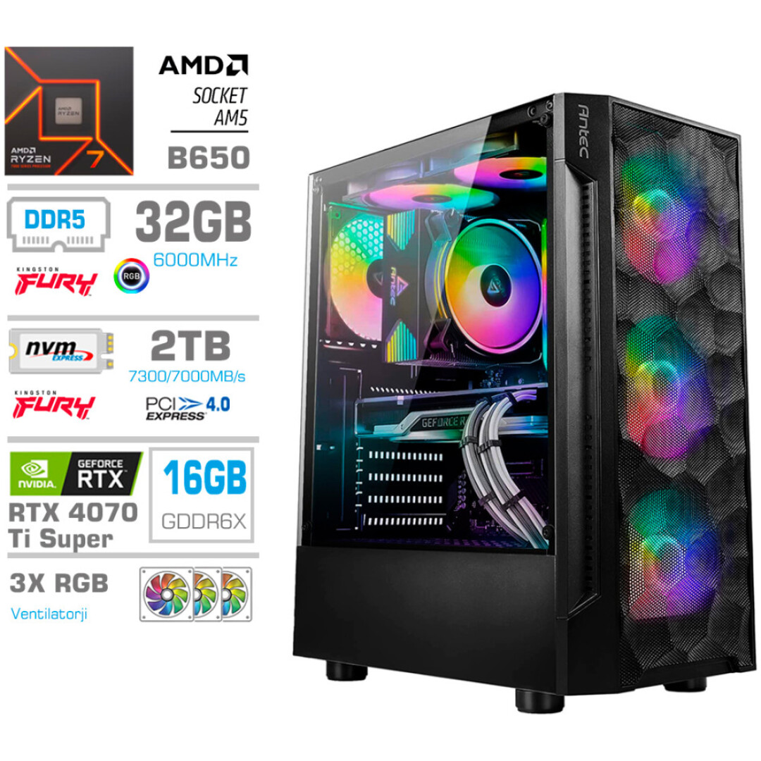 Računalnik MEGA TWR S7 R7-7700X/RTX4070Ti Super/32GB-DDR5/2TB-4.0/750W/Brez OS RGB