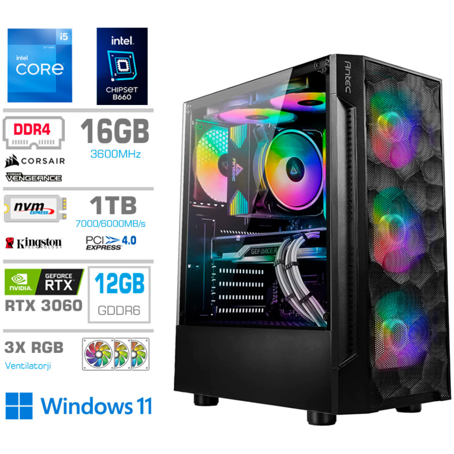 Računalnik MEGA TWR S7 i5-12400F/RTX3060-12GB/16GB/1TB-4.0/750W/Win11Home