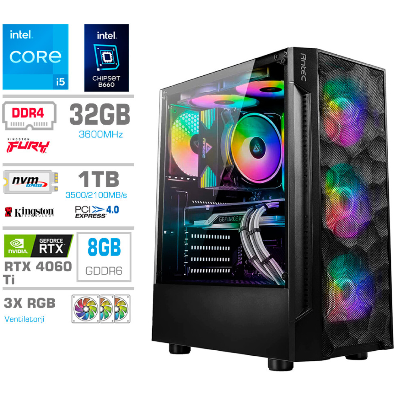 Računalnik MEGA TWR S7 i5-13400F/RTX4060Ti/32GB/1TB-4.0/750W/Brez OS RGB