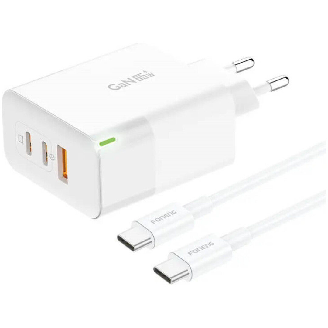 Hišni polnilec 100-240V => 1x USB-A (ž) 2x USB-C 65W GaN QC3.0 PD Foneng GAN65 z USB-C kablom (GAN65 C-C)