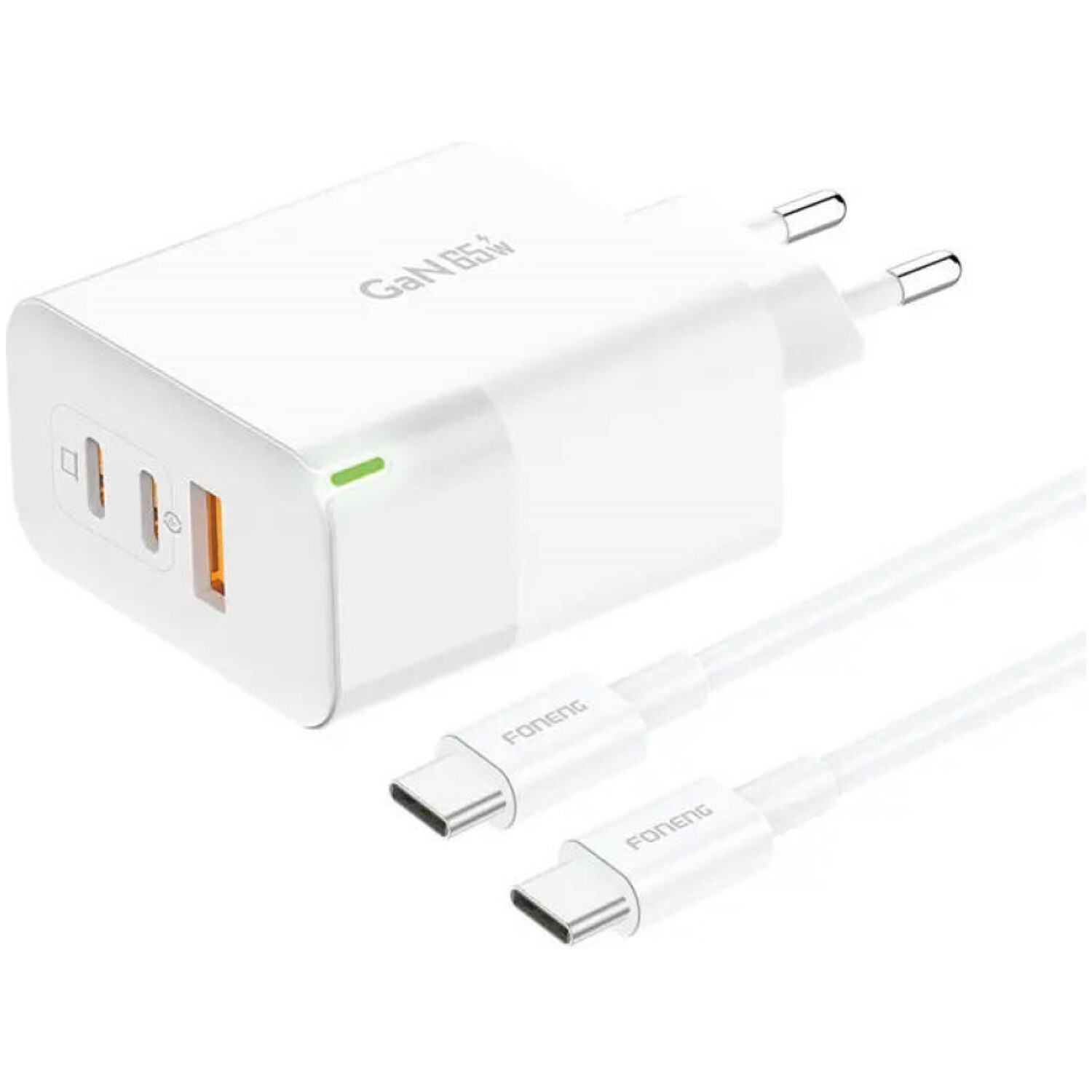 Hišni polnilec 100-240V => 1x USB-A (ž) 2x USB-C 65W GaN QC3.0 PD Foneng GAN65 z USB-C kablom (GAN65 C-C)