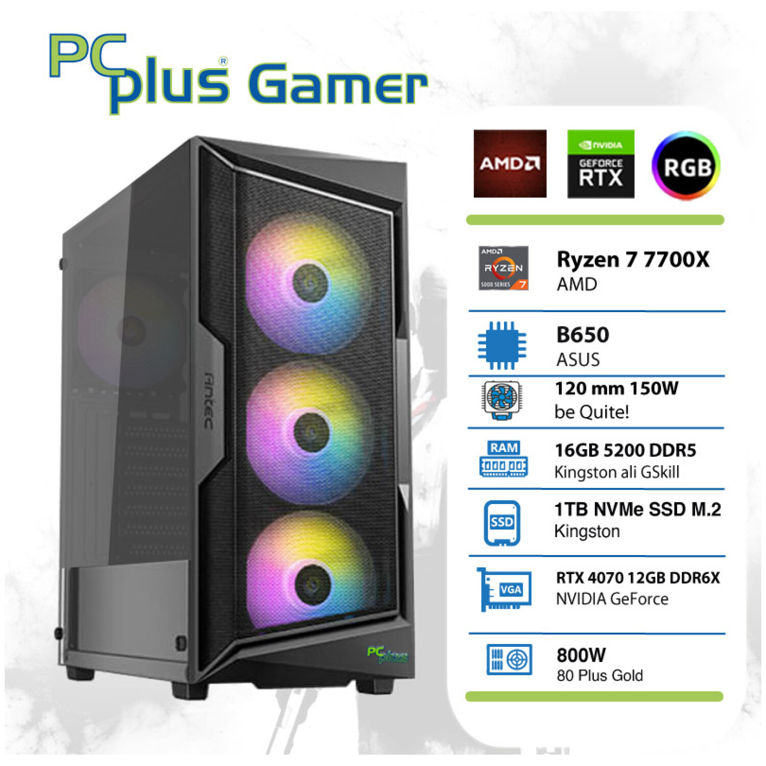 PCPLUS Gamer Ryzen 7 7700X 16GB 1TB NVMe SSD GeForce RTX 4070 12GB RGB gaming namizni računalnik