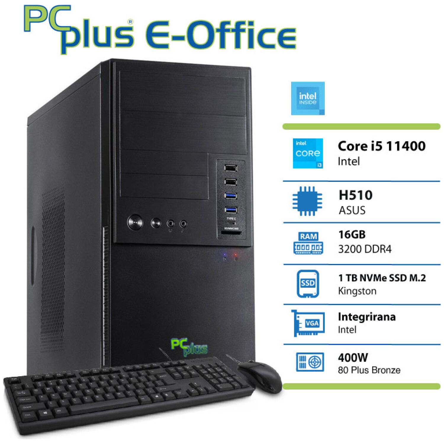 PCPLUS e-Office i5-11400 16GB 1TB NVMe SSD tipkovnica miška namizni računalnik