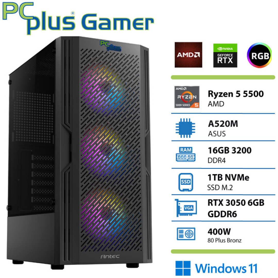 PCplus Gamer Ryzen 5 5500 16GB 1TB NVMe SSD GeForce RTX 3050 6GB Windows 11 gaming namizni računalnik