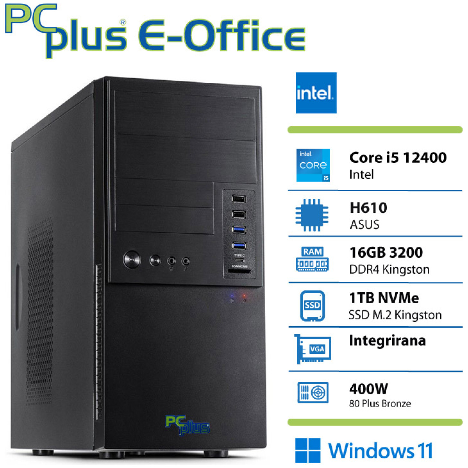 PCplus e-office i5-12400 16GB 1TB NVMe SSD Windows 11 Home tipkovnica miška namizni računalnik