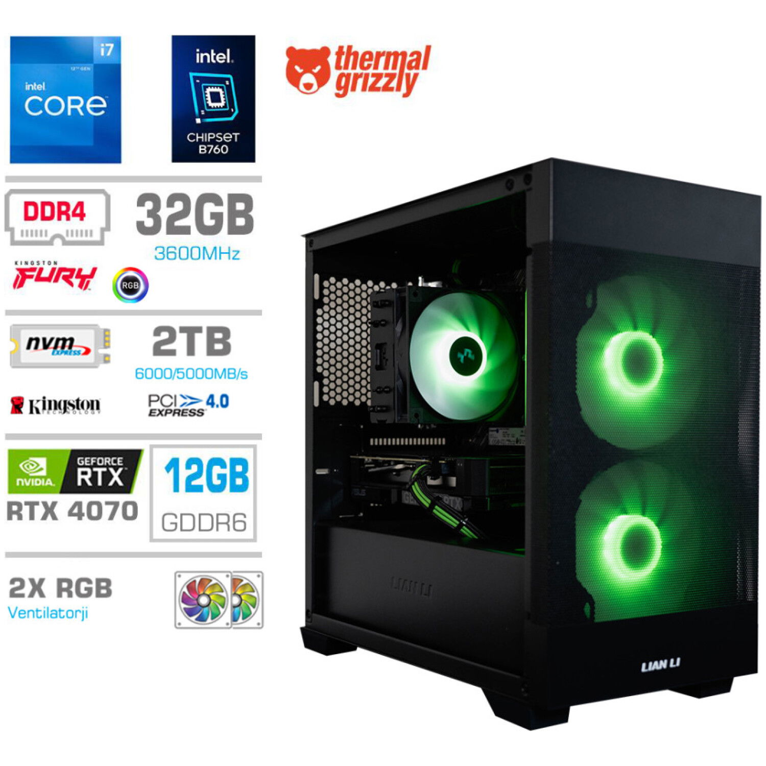 Računalnik MEGA MT S7X i7-12700K/RTX4070/32GB/2TB-4.0/750W/Brez OS/črna RGB + Estetski napajalni kabli [Zelena / Črna]