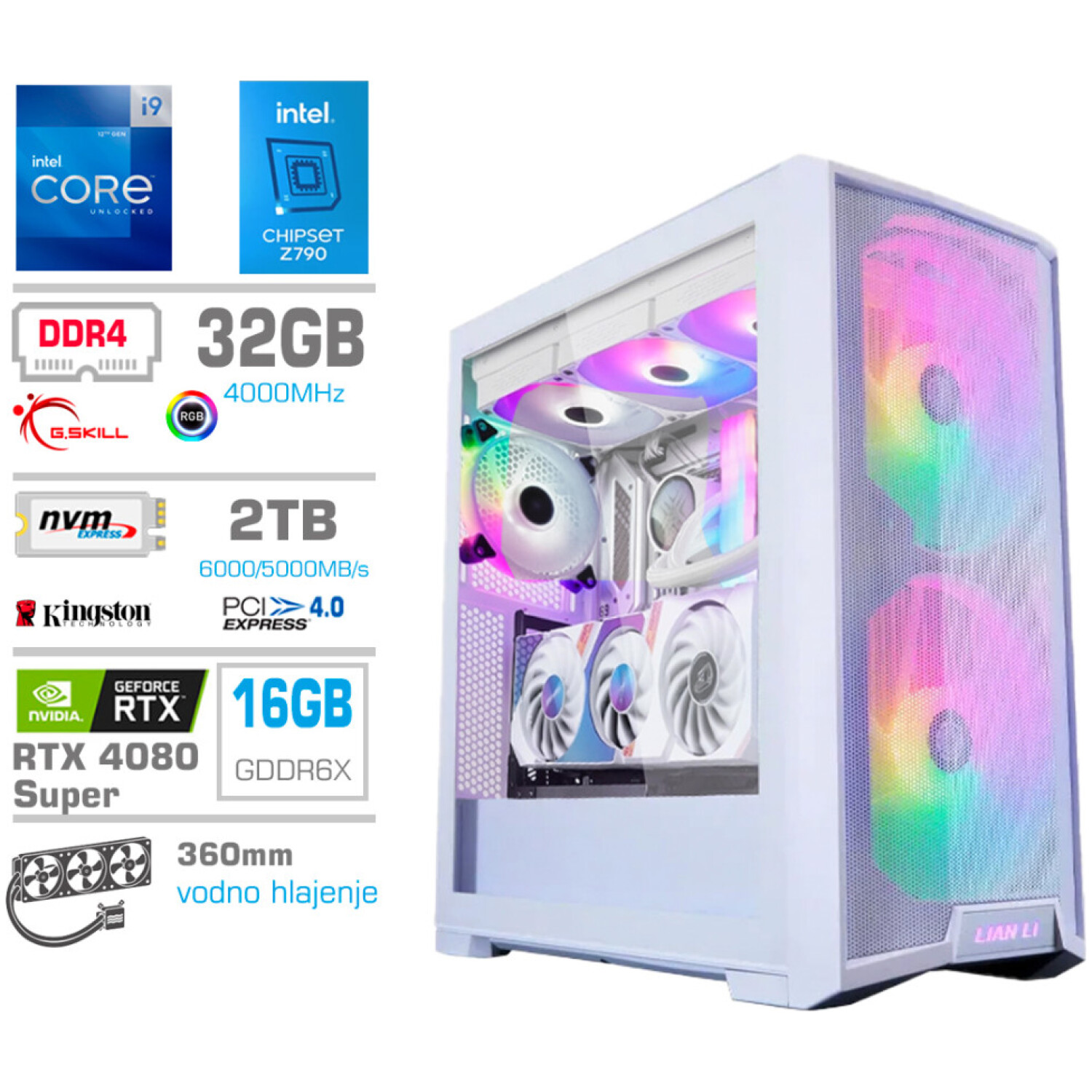 Računalnik MEGA TWR S10 i9-12900KF/RTX4080 Super/32GB/2TB-4.0/1000W/Brez OS/bel RGB