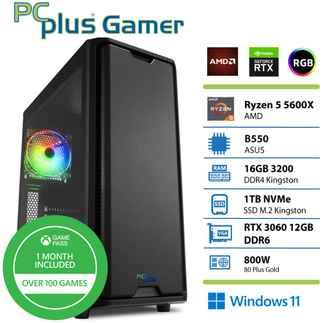 PCPLUS Gamer Ryzen 5 5600X 16GB 1TB SSD GeForce RTX 3060 12GB Windows 11 Home + Xbox GP gaming namizni računalnik