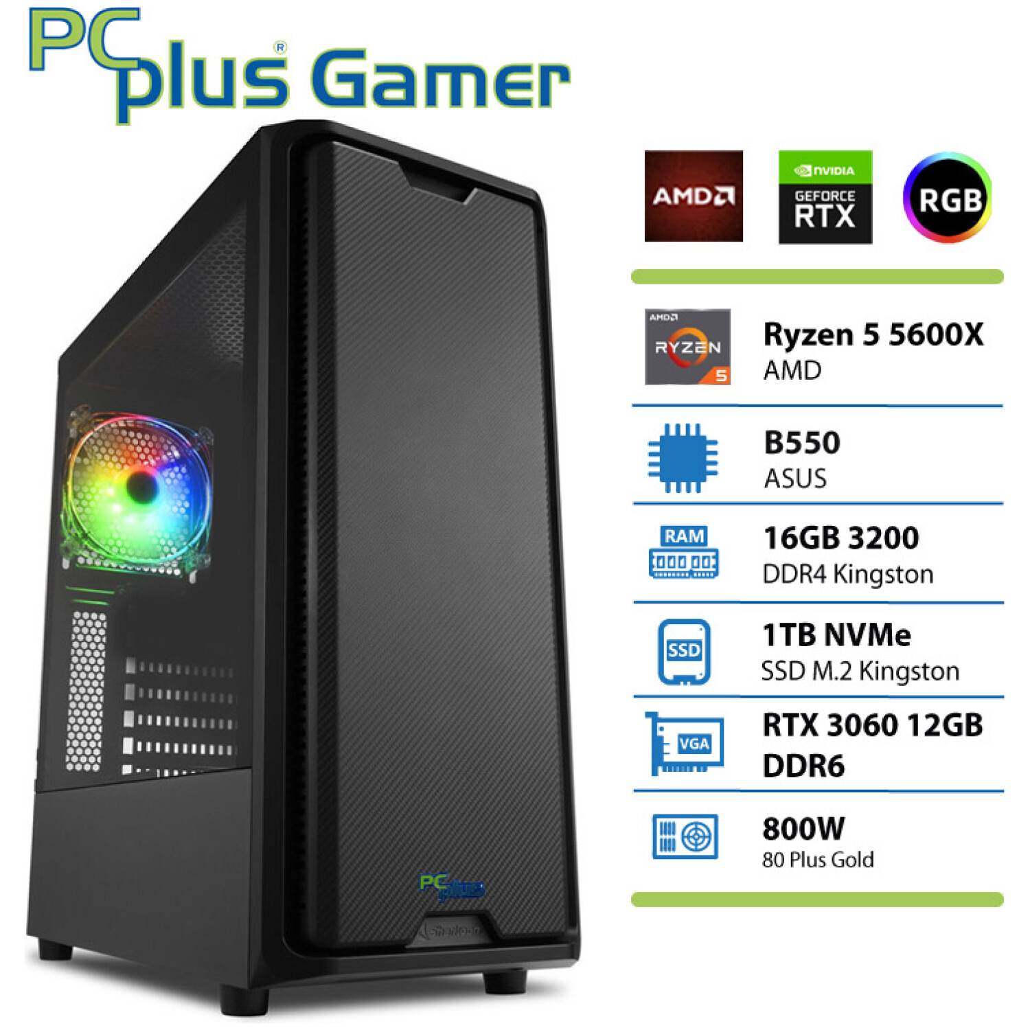 PCPLUS Gamer Ryzen 5 5600X 16GB 1TB SSD GeForce RTX 3060 12GB gaming namizni računalnik