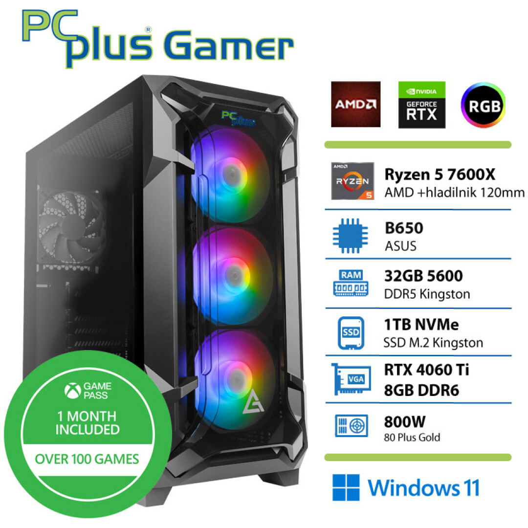 PCPLUS Gamer Ryzen 5 7600X 32GB 1TB NVMe SSD RTX 4060Ti 8GB Windows 11 + Xbox GP gaming namizni računalnik