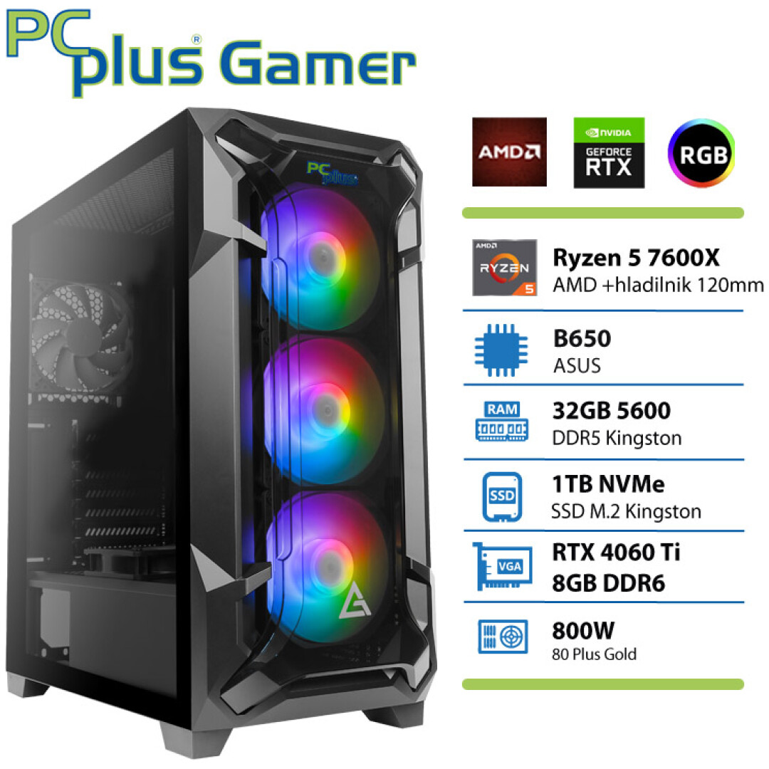 PCPLUS Gamer Ryzen 5 7600X 32GB 1TB NVMe SSD RTX 4060Ti 8GB gaming namizni računalnik