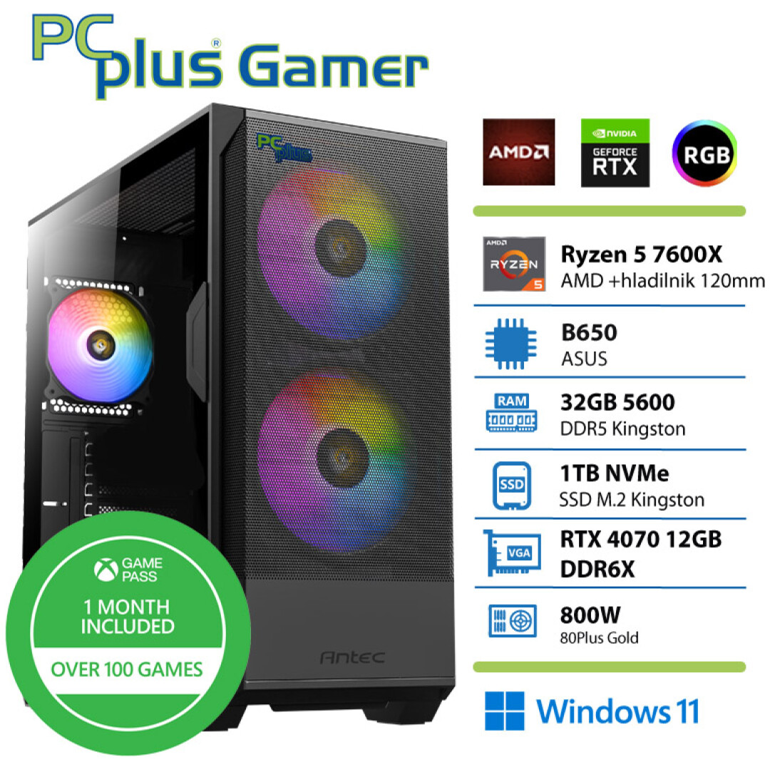 PCPLUS Gamer Ryzen 5 7600X 32GB 1TB NVMe SSD RTX 4070 12GB Windows 11 + Xbox GP gaming namizni računalnik