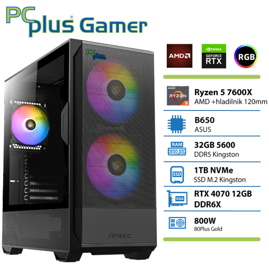 PCPLUS Gamer Ryzen 5 7600X 32GB 1TB NVMe SSD RTX 4070 12GB gaming namizni računalnik