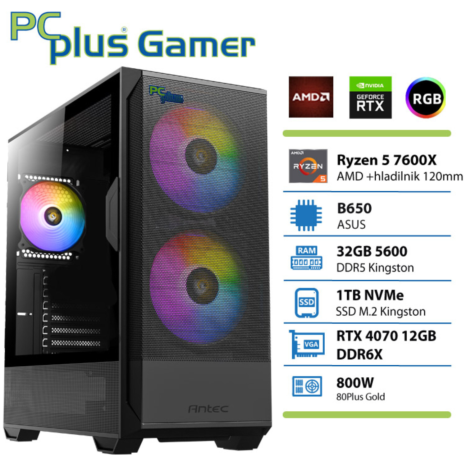 PCPLUS Gamer Ryzen 5 7600X 32GB 1TB NVMe SSD RTX 4070 12GB gaming namizni računalnik