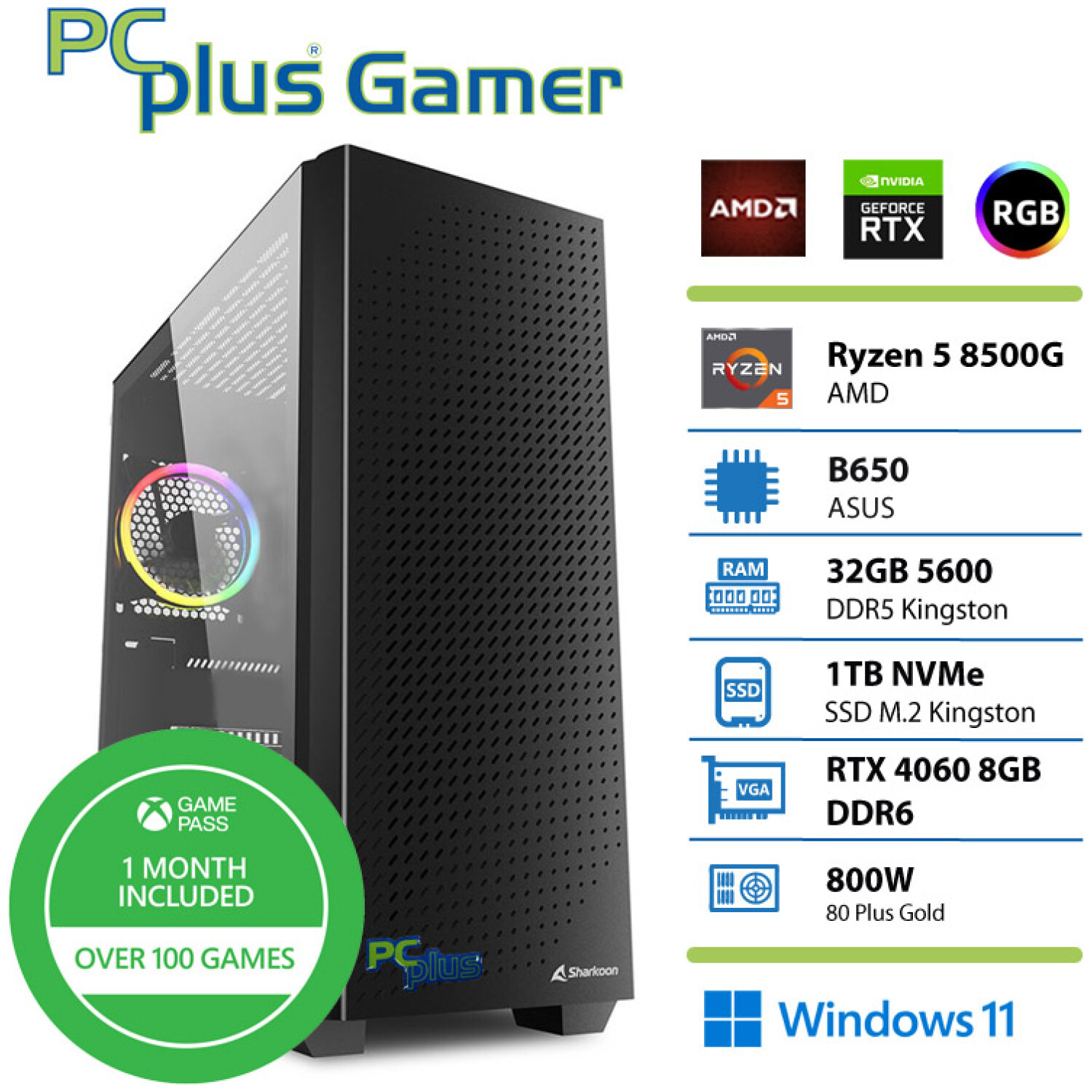 PCPLUS Gamer Ryzen 5 8500G 32GB 1TB SSD GeForce RTX 4060 8GB RGB Windows 11 gaming namizni računalnik