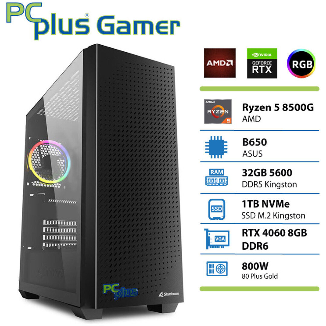 PCPLUS Gamer Ryzen 5 8500G 32GB 1TB SSD GeForce RTX 4060 8GB RGB gaming namizni računalnik