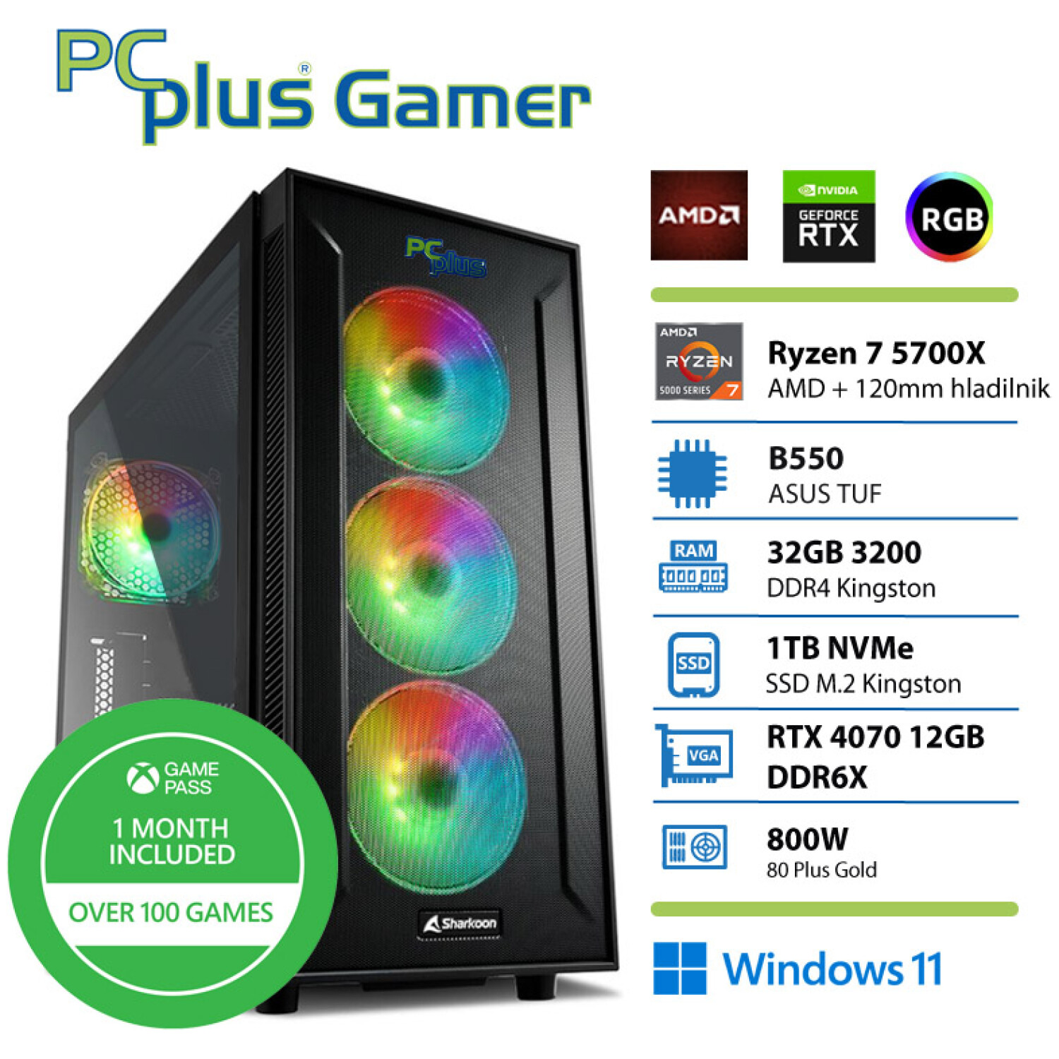 PCPLUS Gamer Ryzen 7 5700X 32GB 1TB NVMe SSD GeForce RTX 4070 12GB RGB Windows 11 Home + Xbox GP gaming namizni računalnik