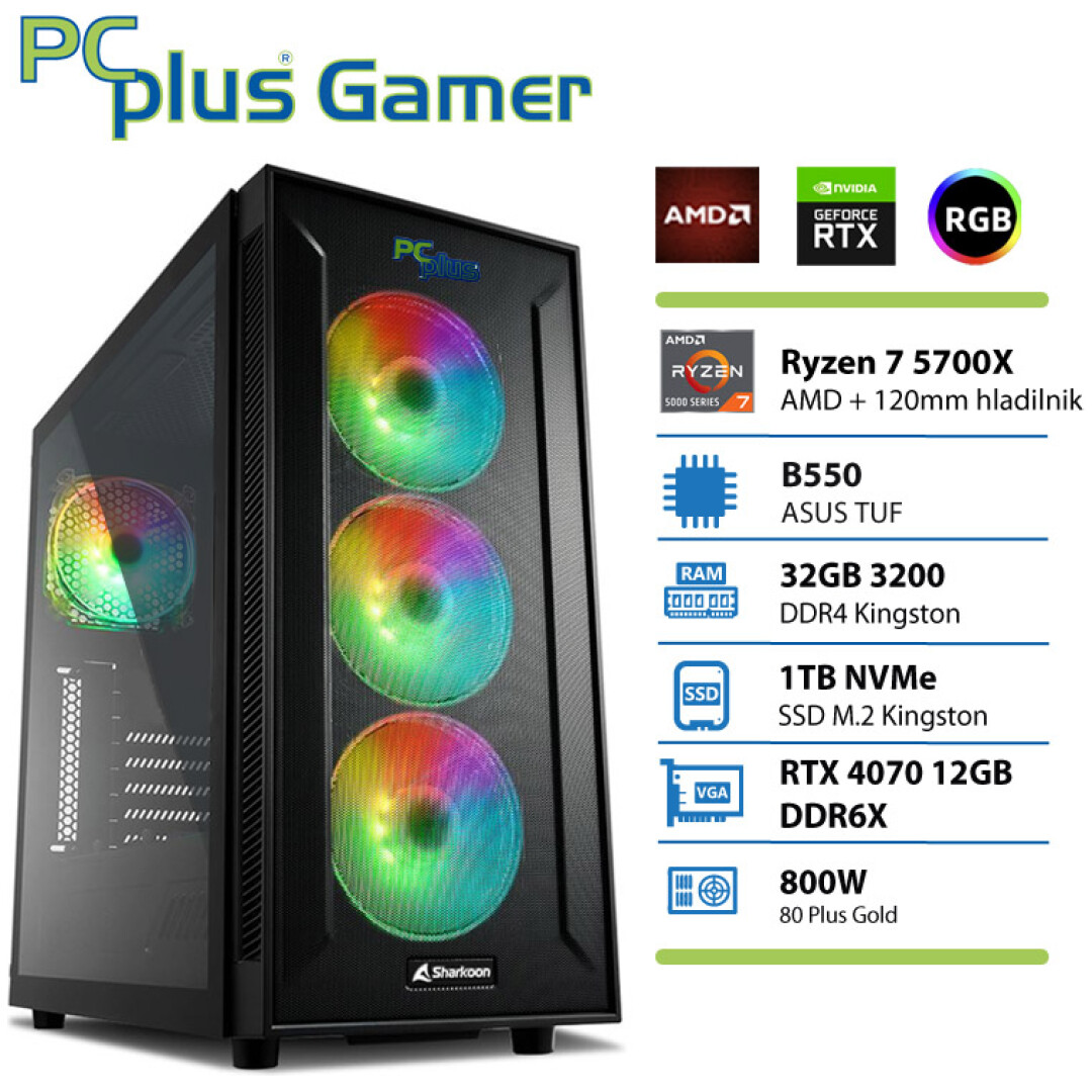 PCPLUS Gamer Ryzen 7 5700X 32GB 1TB NVMe SSD GeForce RTX 4070 12GB RGB gaming namizni računalnik