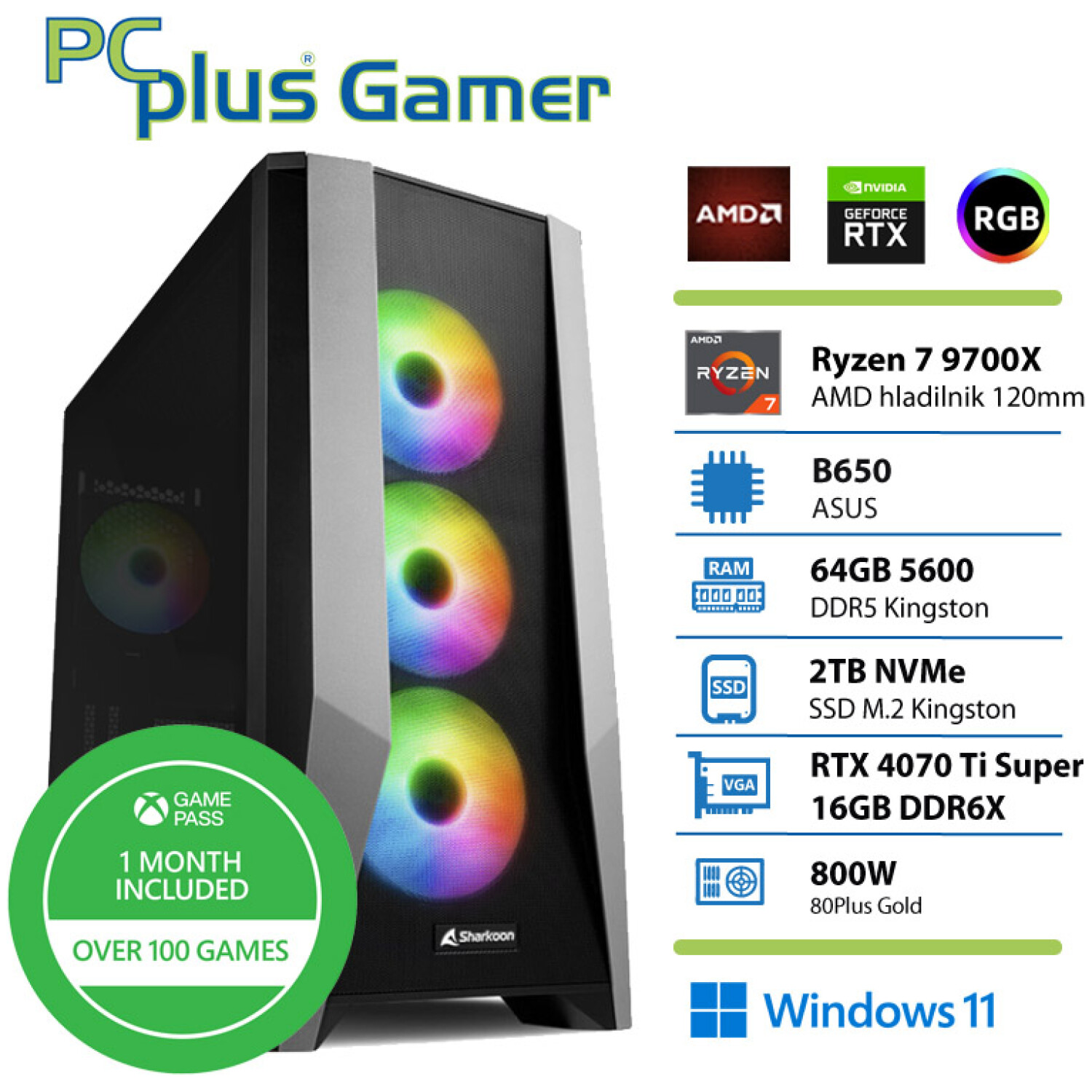 PCPLUS Gamer Ryzen 7 9700X 64GB 2TB NVMe SSD RTX 4070 Ti Super 16GB Windows 11 + Xbox GP gaming namizni računalnik