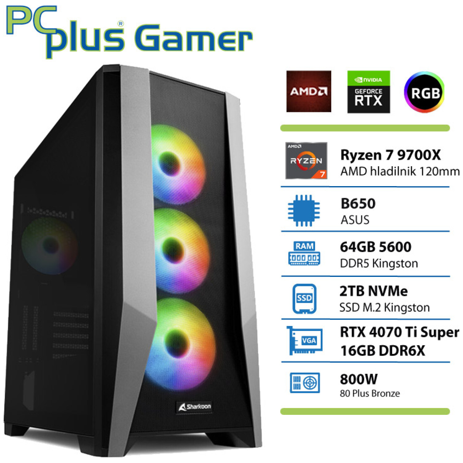 PCPLUS Gamer Ryzen 7 9700X 64GB 2TB NVMe SSD RTX 4070 Ti Super 16GB gaming namizni računalnik