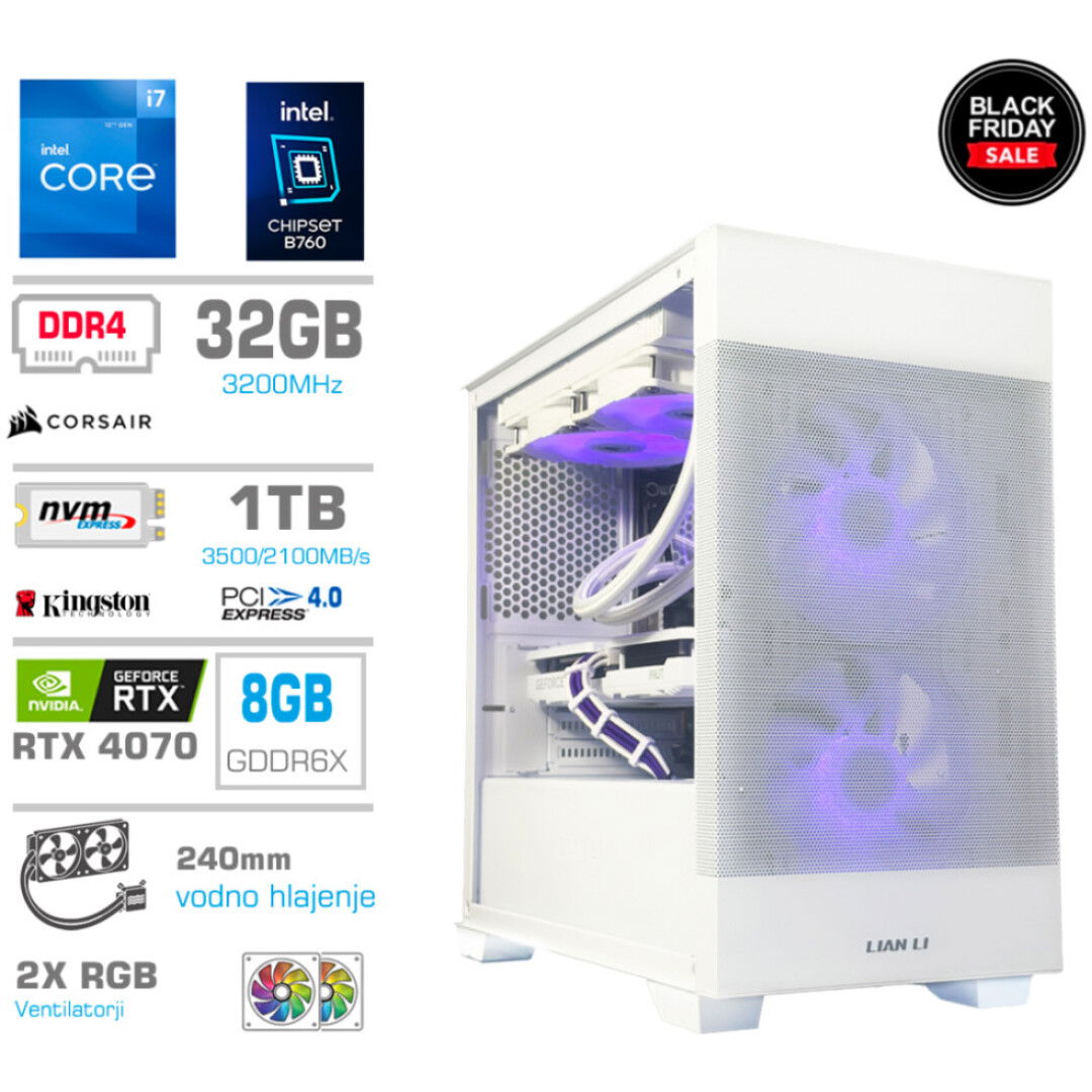 Računalnik MEGA MT S7X GAMER i7-12700K/RTX4070/1TB-4.0/750W/Brez OS/bela RGB + Estetski napajalni kabli [Vijola / Bela] (Black Friday)