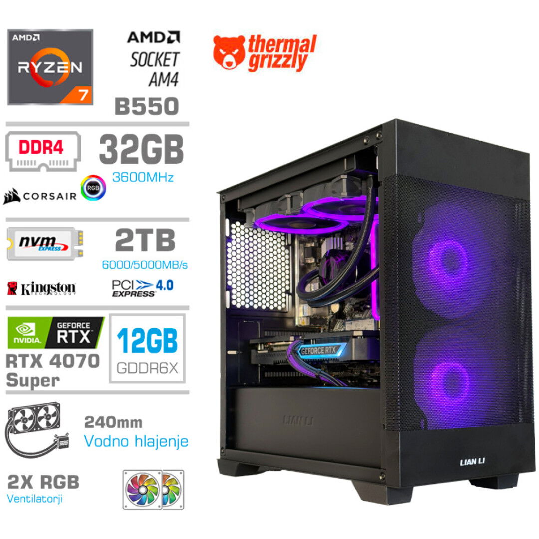 Računalnik MEGA MT S7X R7-5700X3D/RTX4070 Super/32GB/2TB-4.0/750W/Brez OS/črna RGB + Estetski napajalni kabli [Vijola / Črna]