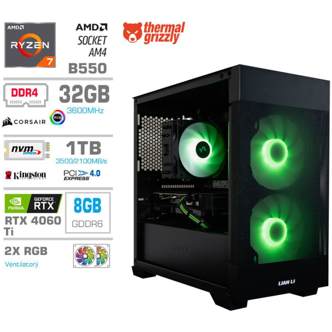 Računalnik MEGA MT S7X R7-5700X/RTX4060Ti/32GB/1TB-4.0/750W/Brez OS/črna RGB + Estetski napajalni kabli [Zelena / Črna]