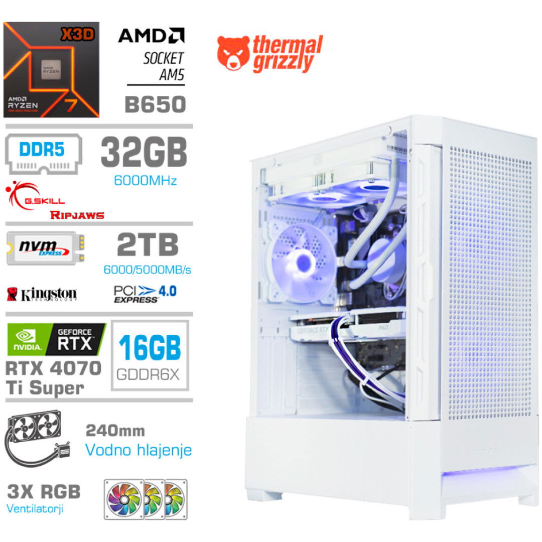 Računalnik MEGA MT S8 R7-7800X3D/RTX4070Ti Super/32GB-DDR5/2TB-4.0/750W/Brez OS/bela RGB + Estetski napajalni kabli [Vijola / Bela]