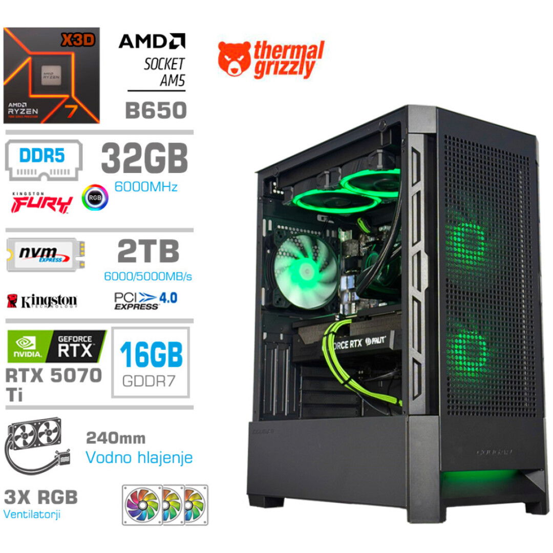 Računalnik MEGA MT S8 R7-7800X3D/RTX5070Ti/32GB-DDR5/2TB-4.0/750W/Brez OS/črna RGB + Estetski napajalni kabli [Zelena / Črna]