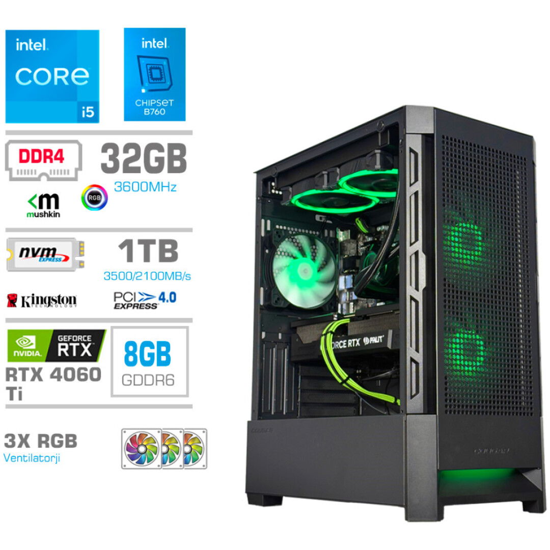 Računalnik MEGA MT S8 i5-13400/RTX4060Ti/32GB/1TB-4.0/750W/Brez OS/črna RGB + Estetski napajalni kabli [Zelena / Črna]