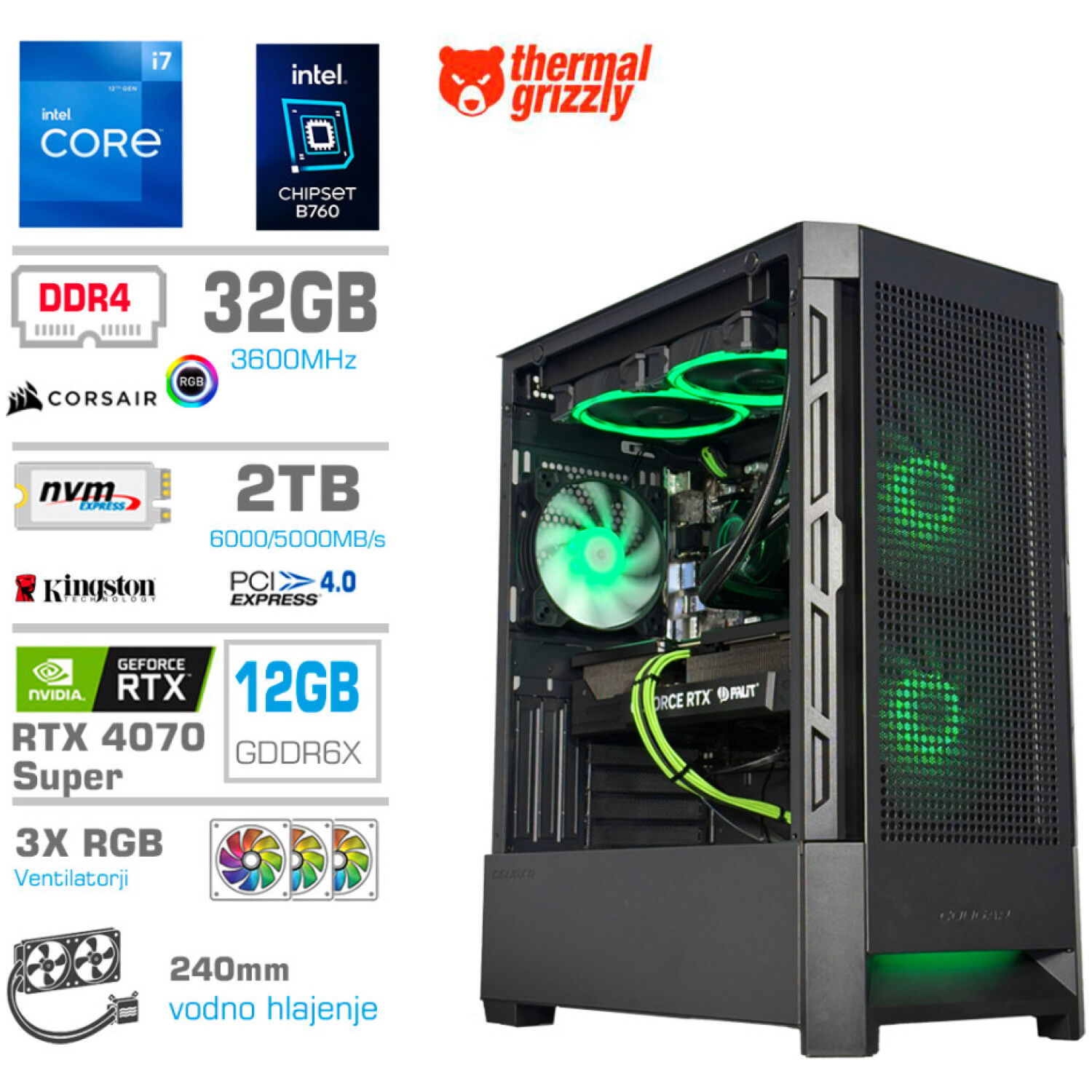 Računalnik MEGA MT S8 i7-12700K/RTX4070 Super/32GB/2TB-4.0/750W/Brez OS/črna RGB + Estetski napajalni kabli [Zelena / Črna]