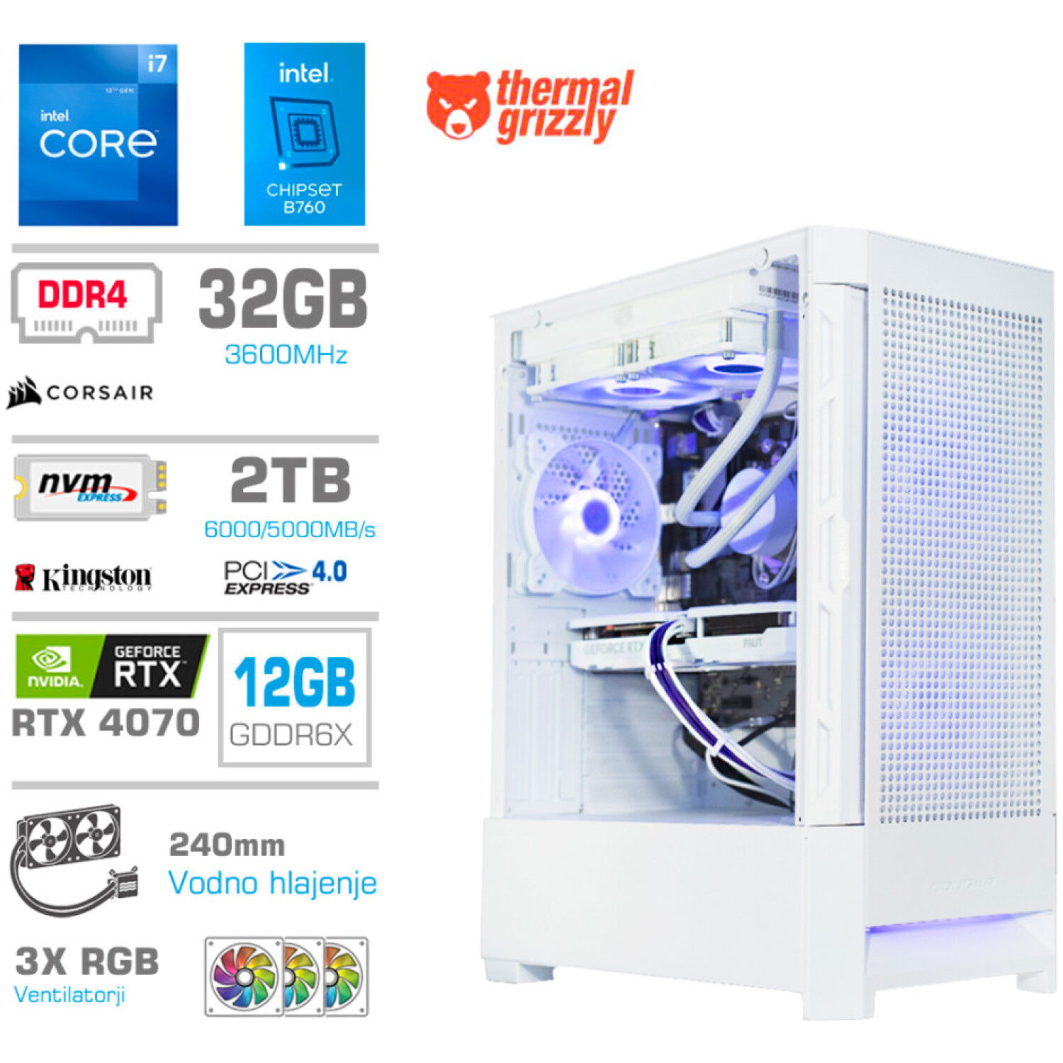 Računalnik MEGA MT S8 i7-12700K/RTX4070/32GB/2TB-4.0/750W/Brez OS/bela RGB + Estetski napajalni kabli [Vijola / Bela]