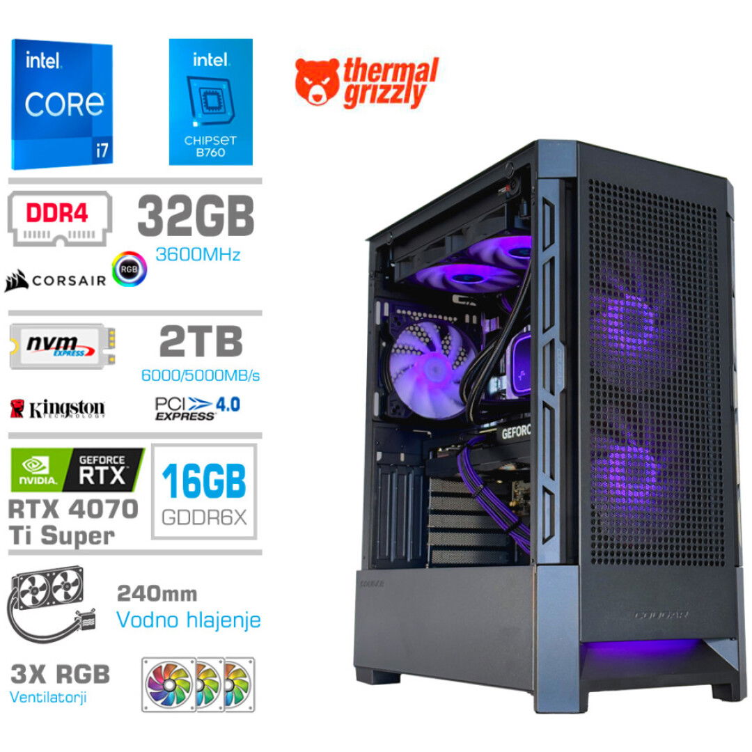 Računalnik MEGA MT S8 i7-14700K/RTX4070Ti Super/32GB/2TB-4.0/750W/Brez OS/črna RGB + Estetski napajalni kabli [Vijola / Črna]