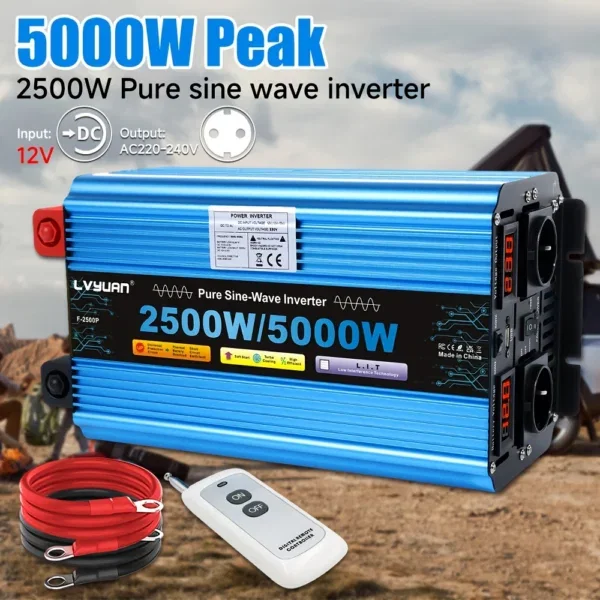 LVYUAN inverter s čistim sinusom 2500 W (5000 W konica), 12 V → 230 V